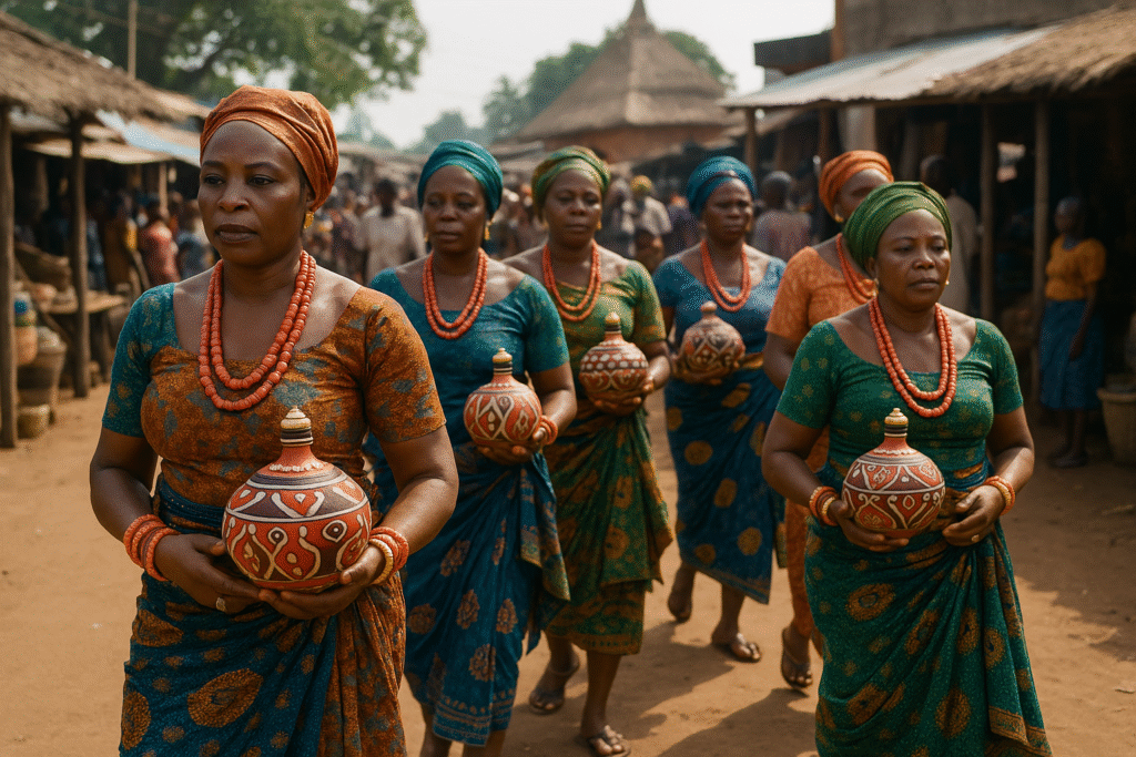 Umuada processing with beaded calabashes at Nkwo arena