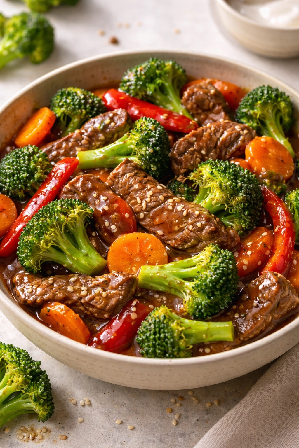 Beef broccoli with carrots and peppers in sauce