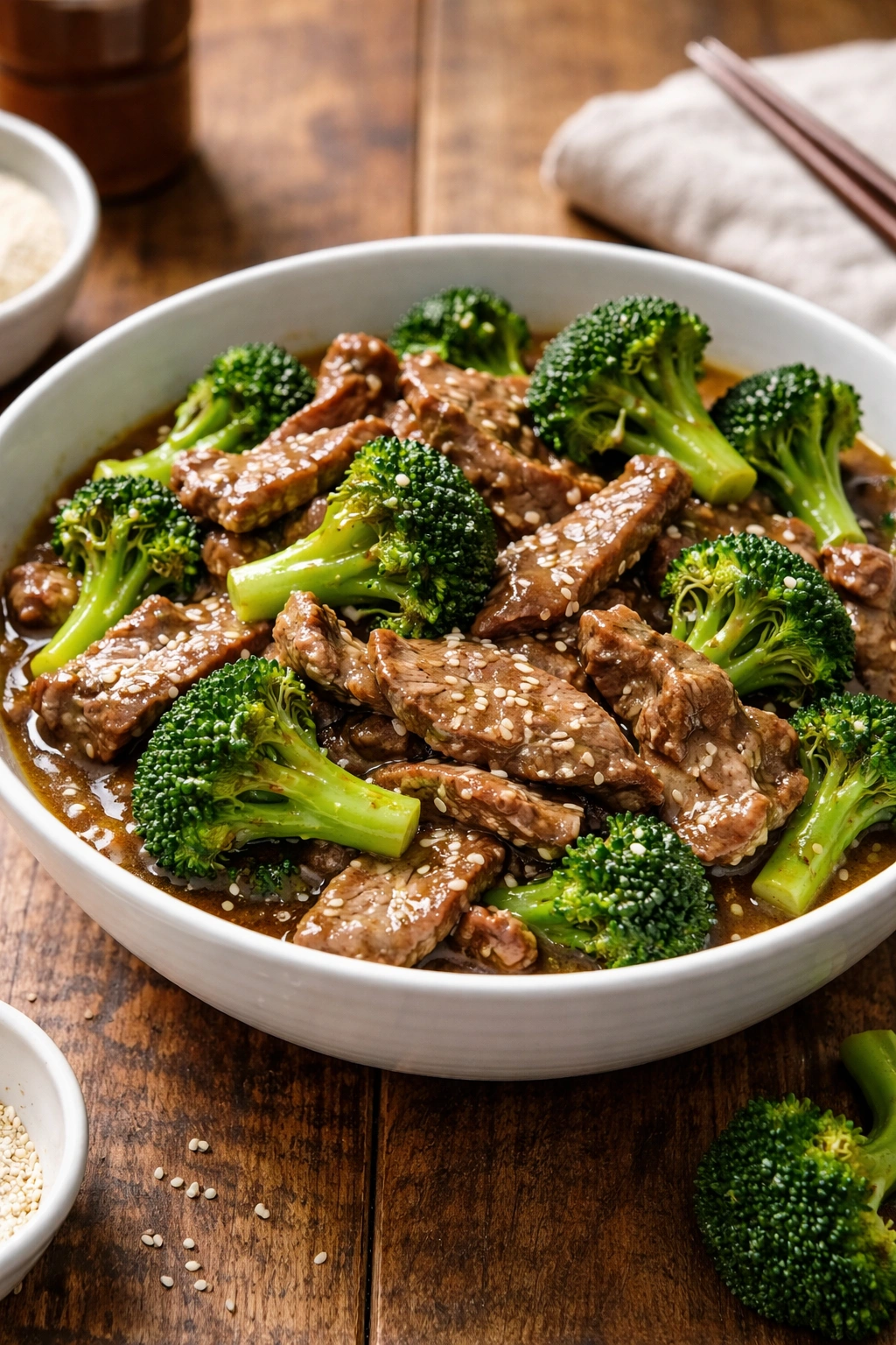 Beef and broccoli in brown sauce in a bowl