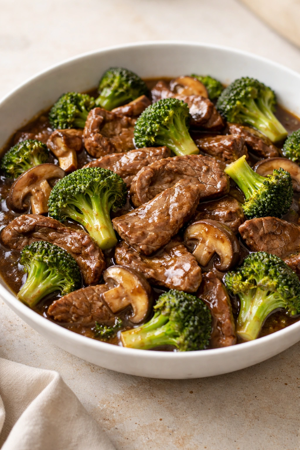 Beef, broccoli and mushrooms in glossy sauce
