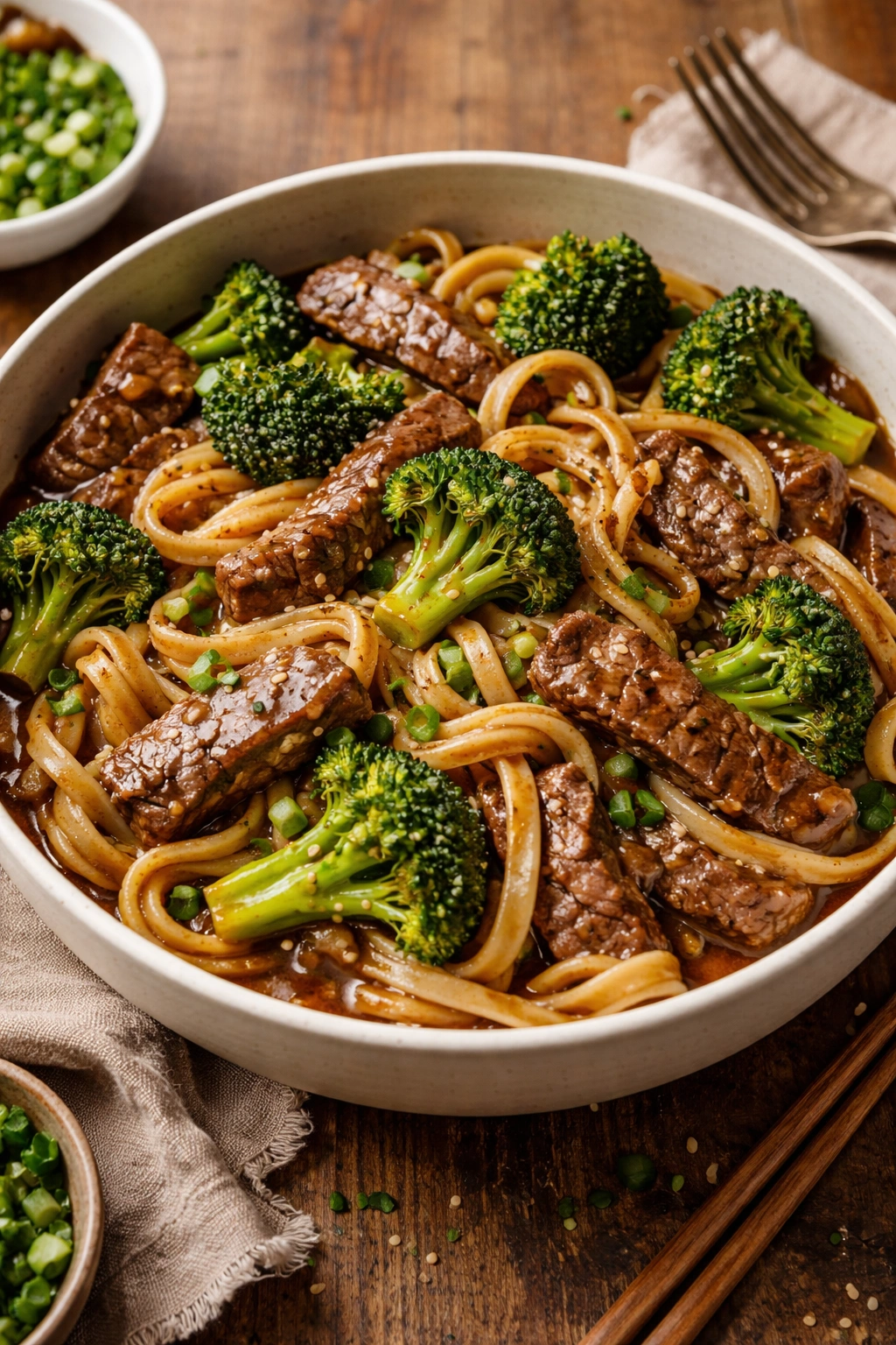 Beef, broccoli, and noodles in a saucy bowl