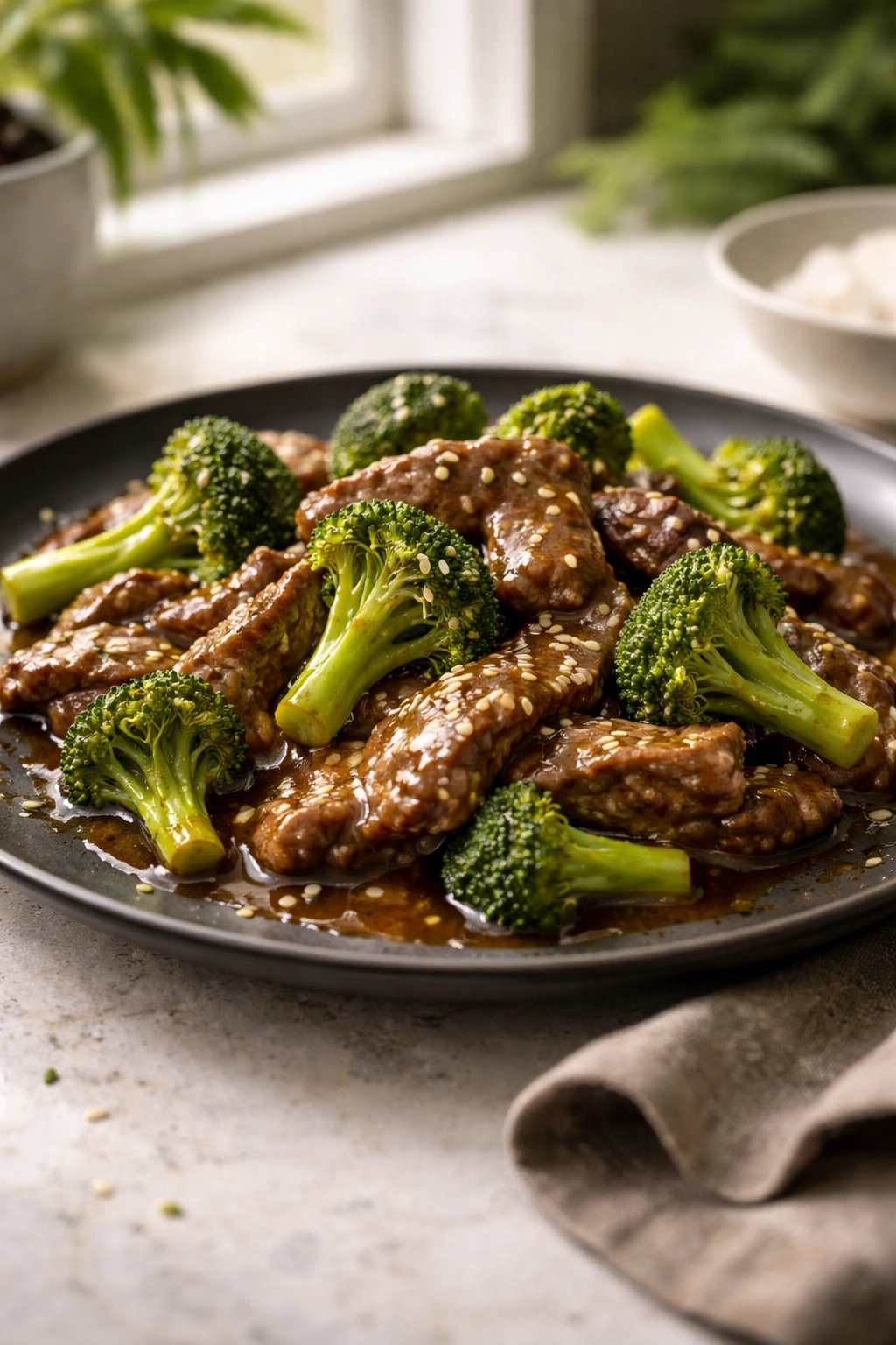 Plate of beef and broccoli with glossy sauce on a light countertop