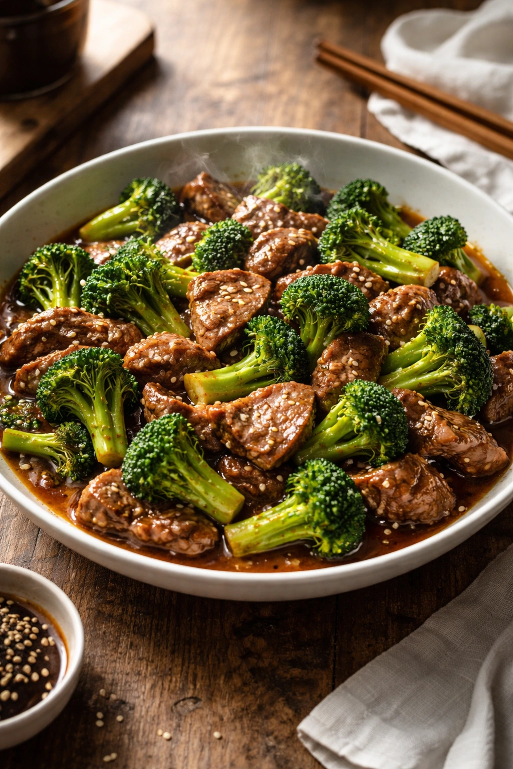 Beef and broccoli stir fry in a glossy sauce