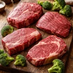 Close-up of assorted beef cuts and broccoli on a rustic cutting board