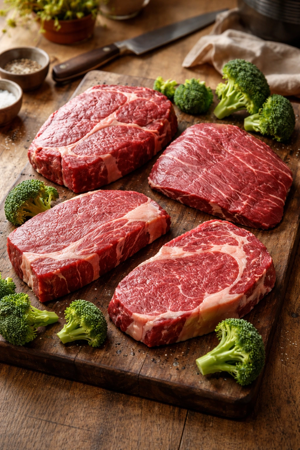 Close-up of assorted beef cuts and broccoli on a rustic cutting board