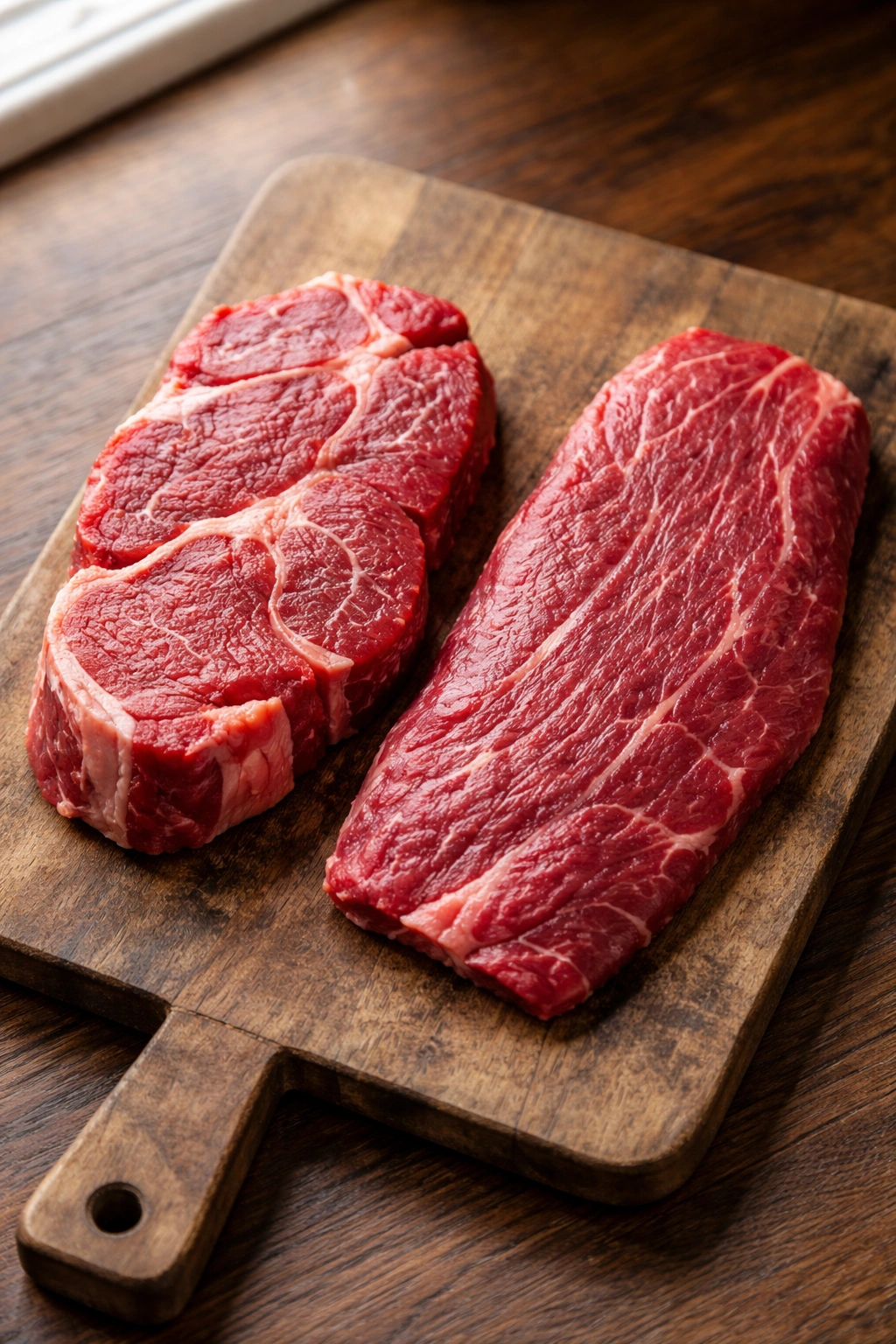 Two raw beef cuts chuck and flank on wooden board showing marbling