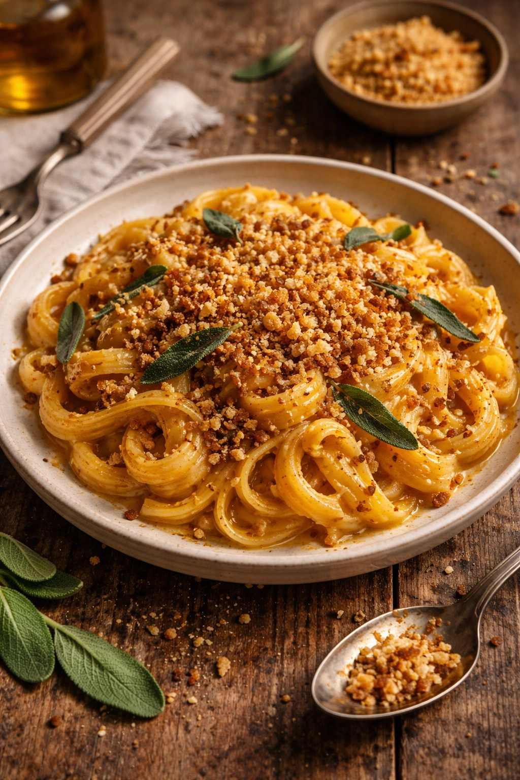Creamy butternut squash pasta with brown butter sage and crispy breadcrumbs in a bowl.