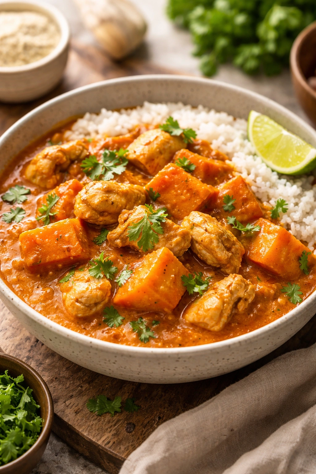 Creamy chicken and sweet potato curry in a rustic bowl