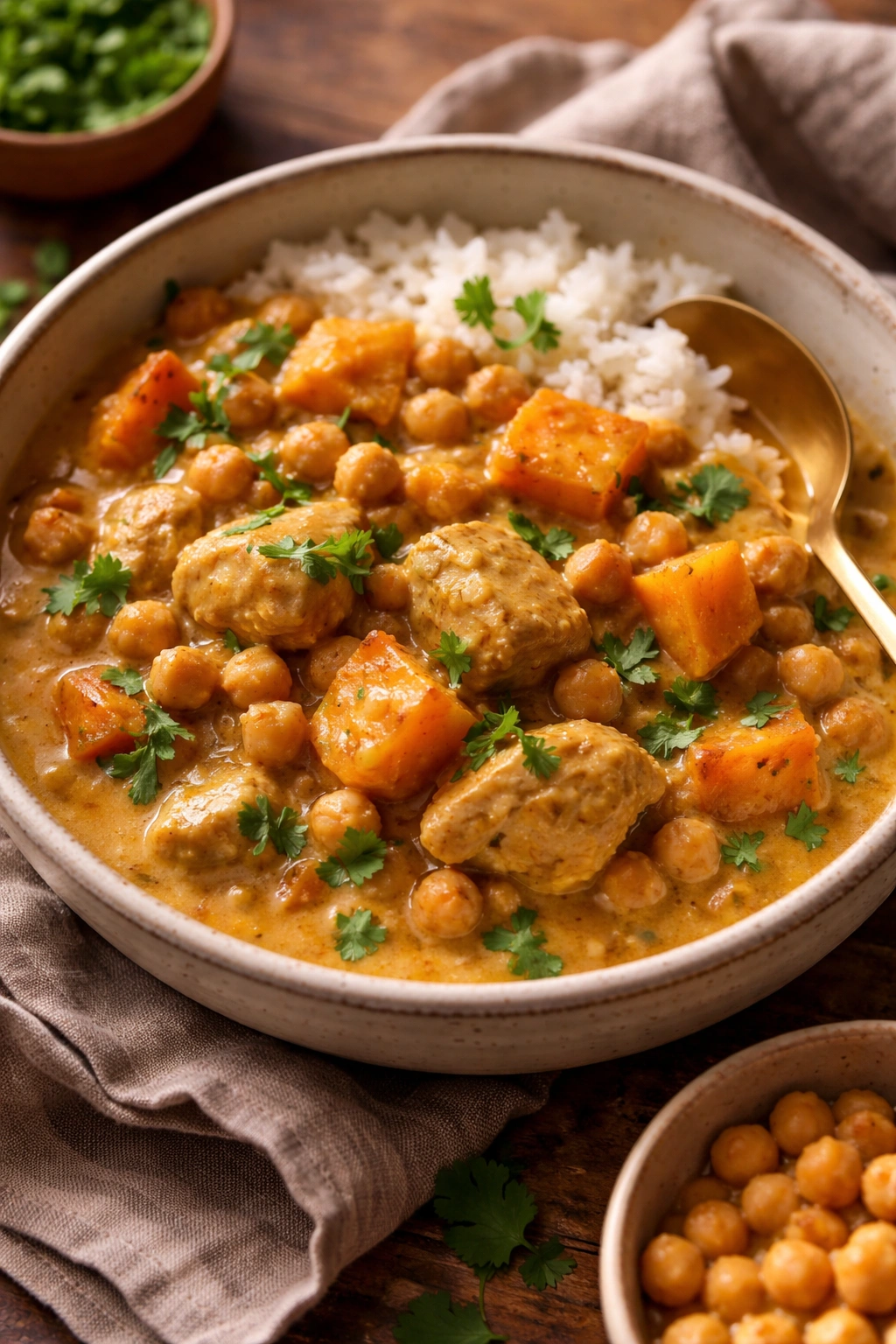 Curry with chickpeas and chicken in a bowl
