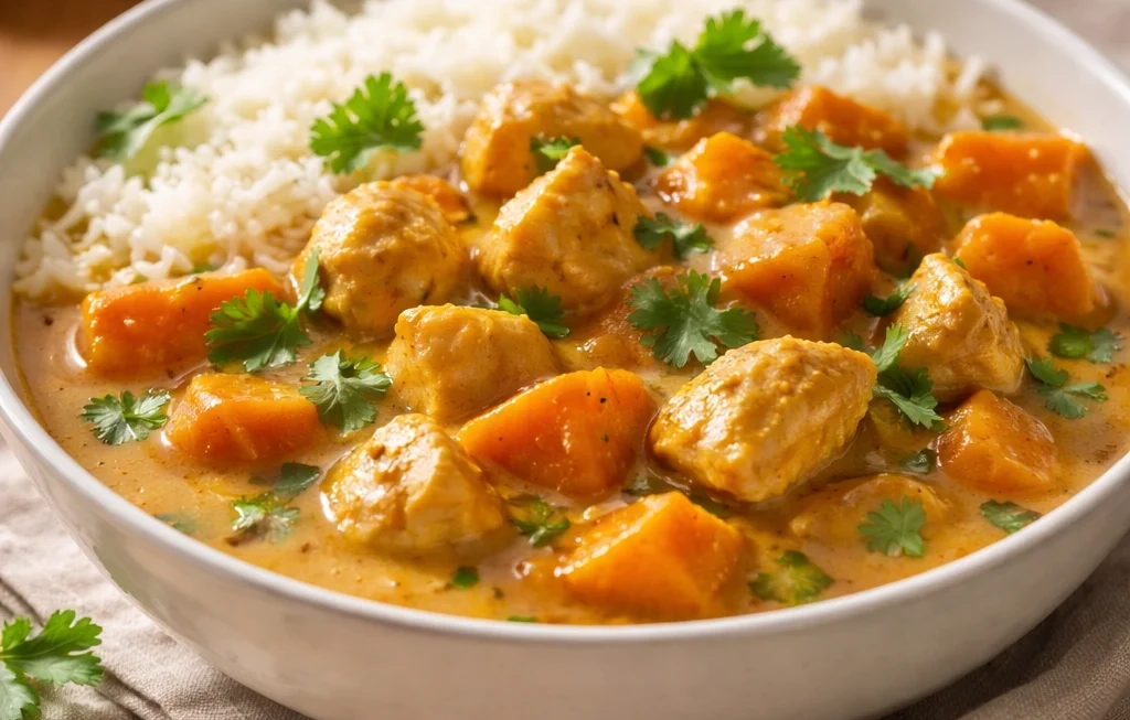 Close-up of creamy chicken and sweet potato curry in a bowl with warm lighting