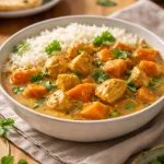 Close-up of creamy chicken and sweet potato curry in a bowl with warm lighting
