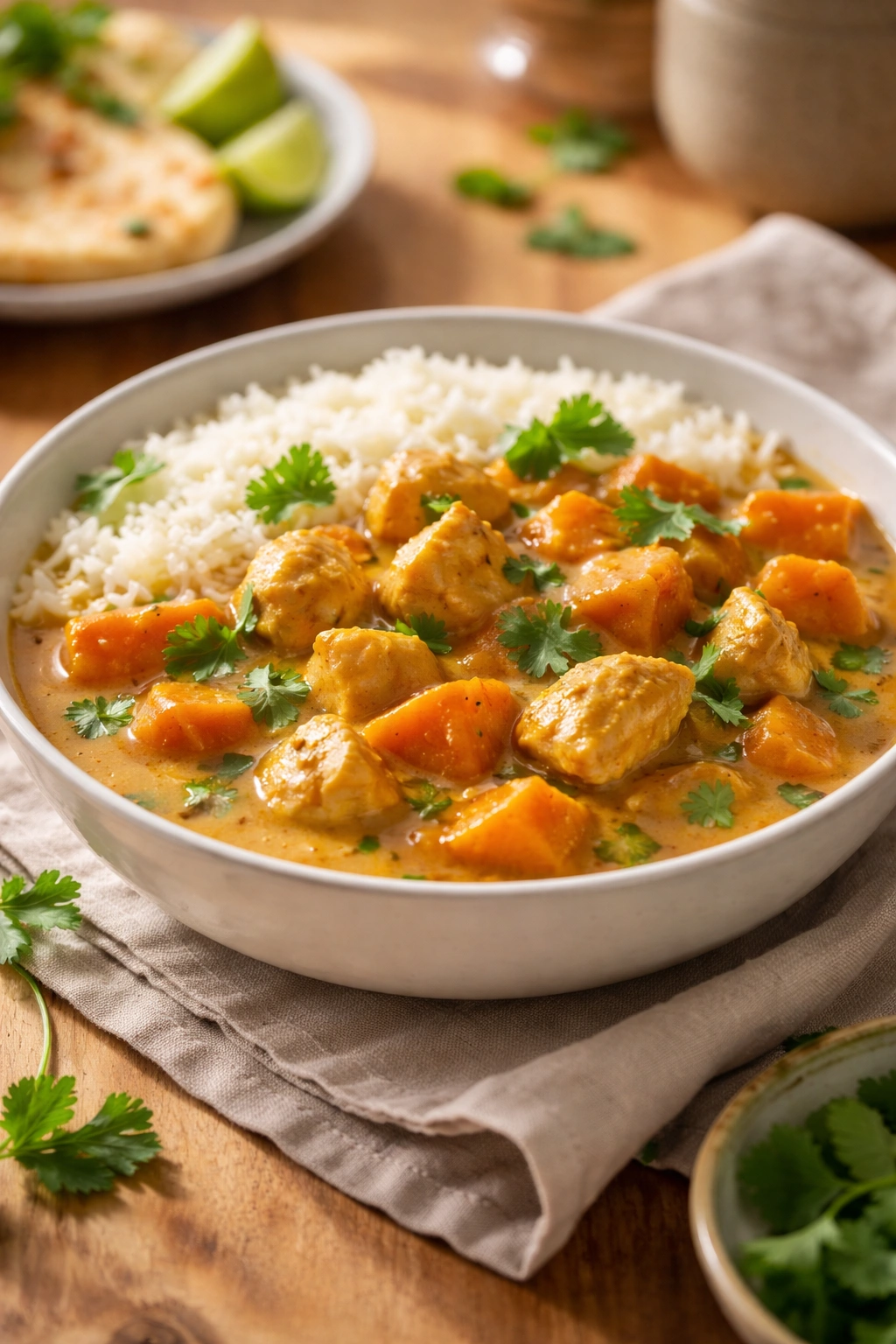 Close-up of creamy chicken and sweet potato curry in a bowl with warm lighting