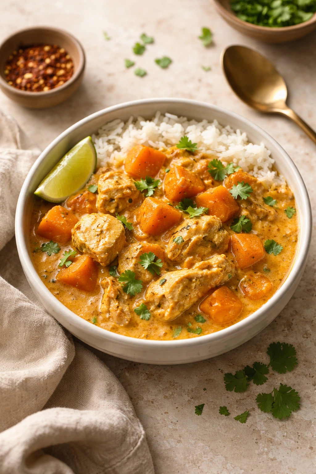 Top-down view of a bowl of curry on a neutral surface