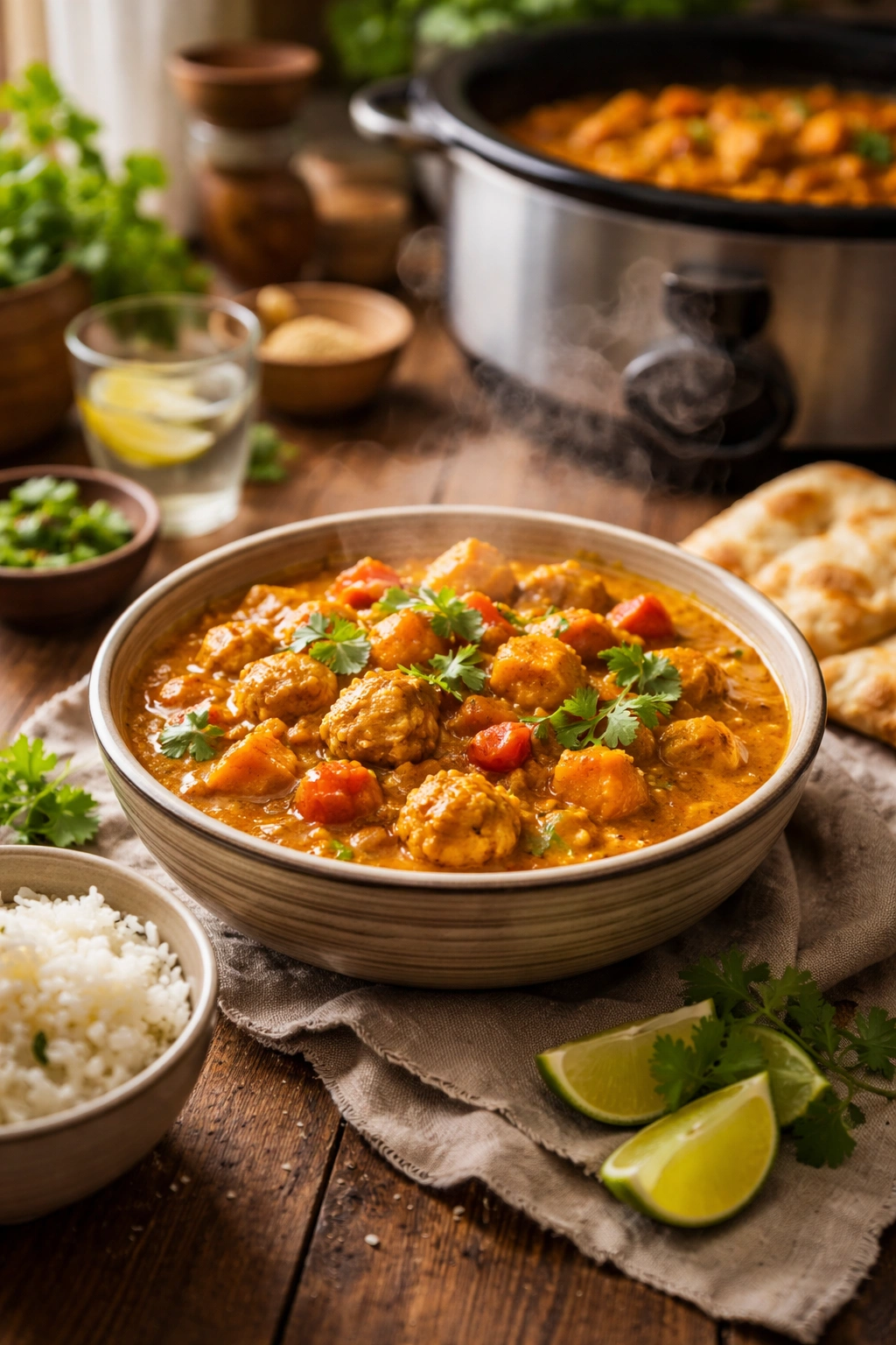 Cozy kitchen with a steaming bowl of curry on wood table