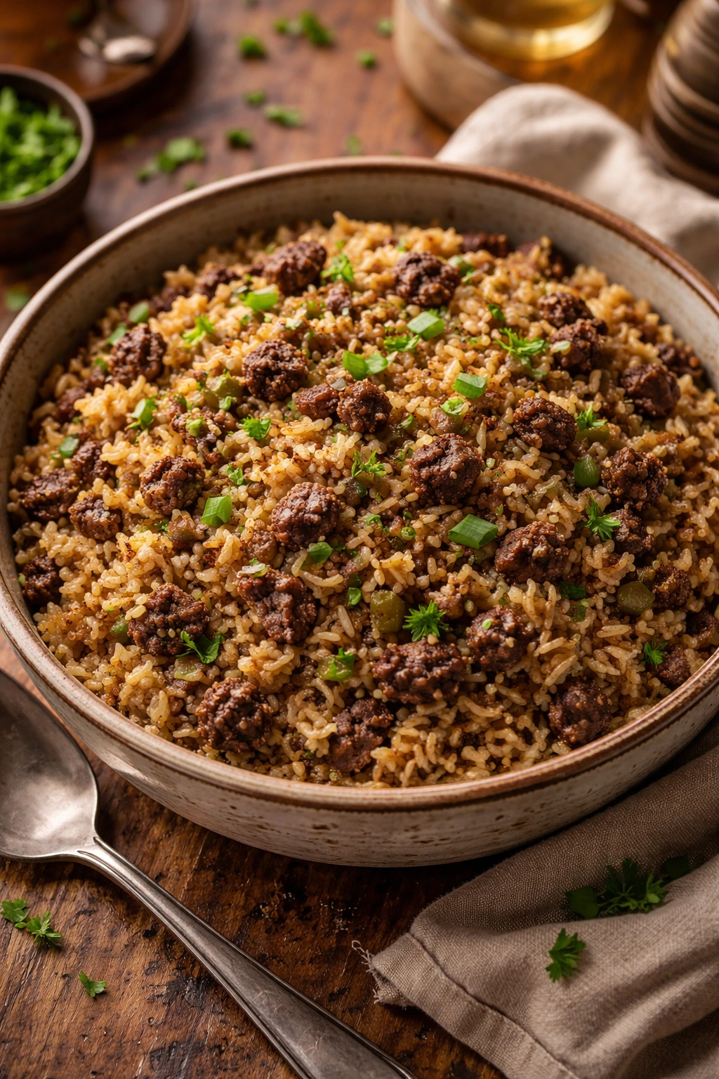 Dirty rice with beef and chicken livers in a bowl
