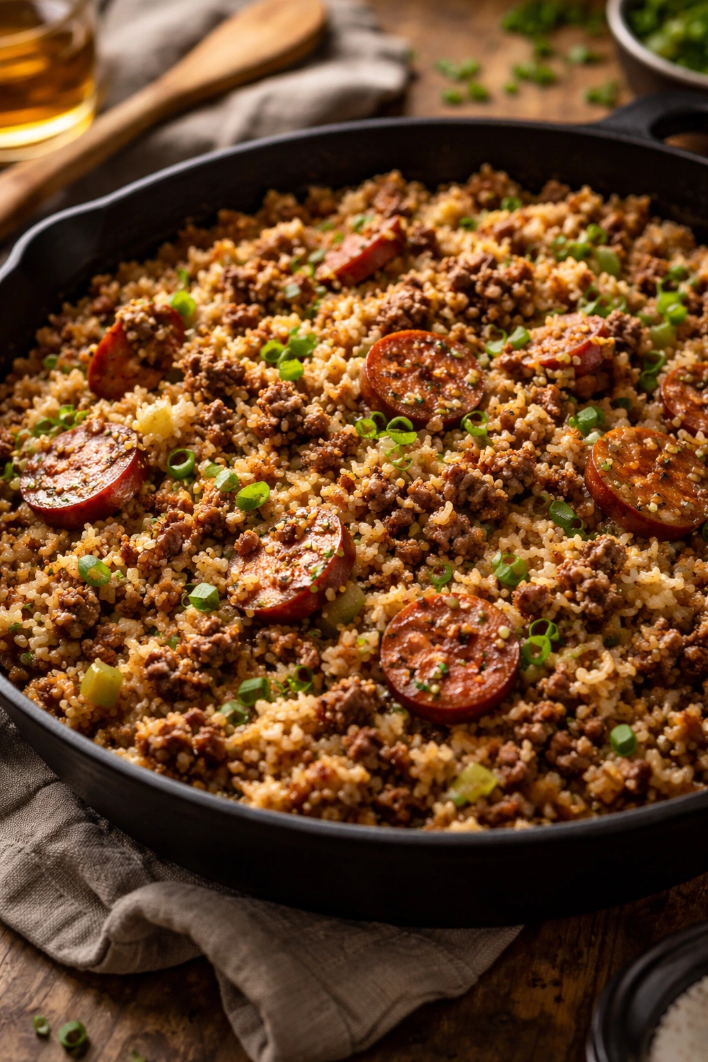 Dirty rice with beef and sausage in a skillet