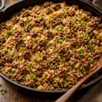 Close-up of dirty rice with ground beef and vegetables in a cast-iron skillet