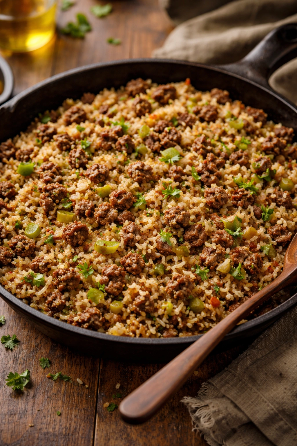 Close-up of dirty rice with ground beef and vegetables in a cast-iron skillet