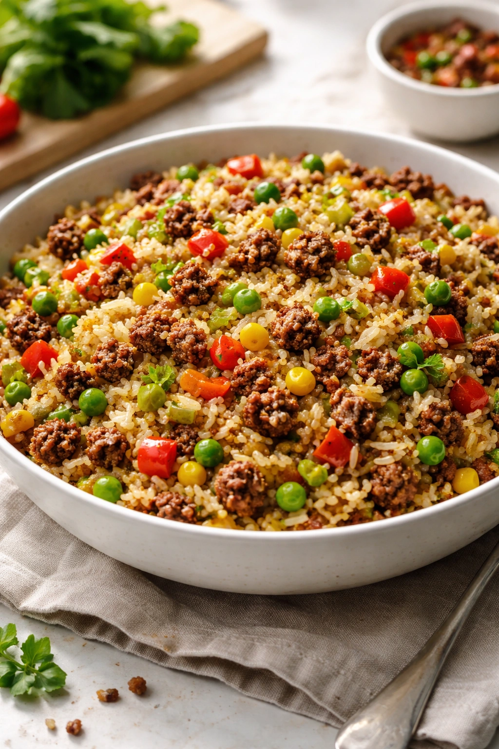 Dirty rice with beef and mixed vegetables in a bowl