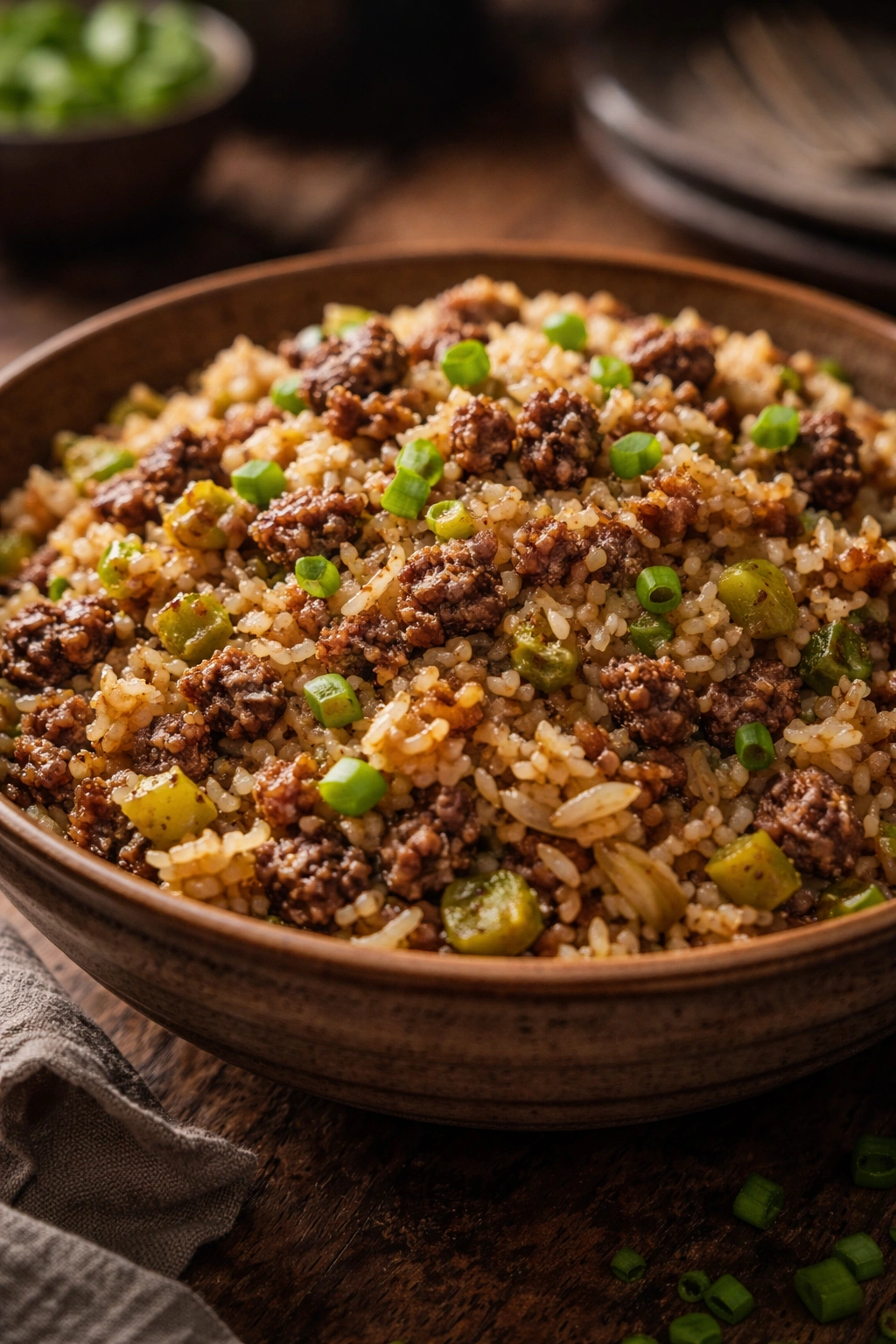 Hearty dirty rice with ground beef in a rustic bowl