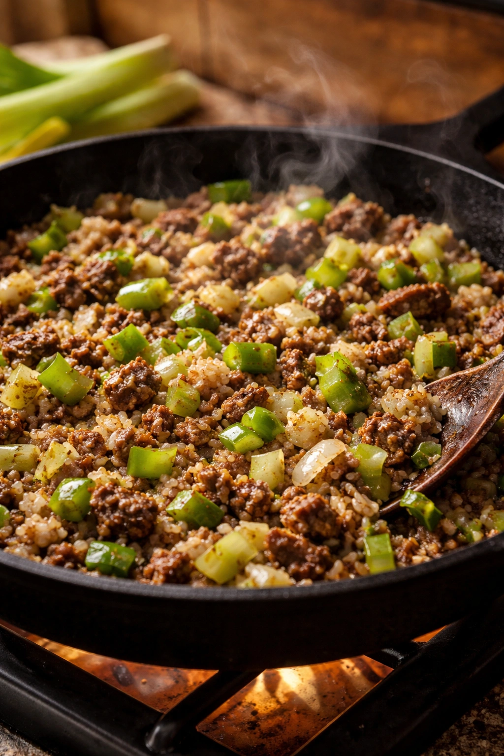 Close-up of onion, bell pepper, and celery sizzling with beef and rice in a skillet, showing the dirty rice base.