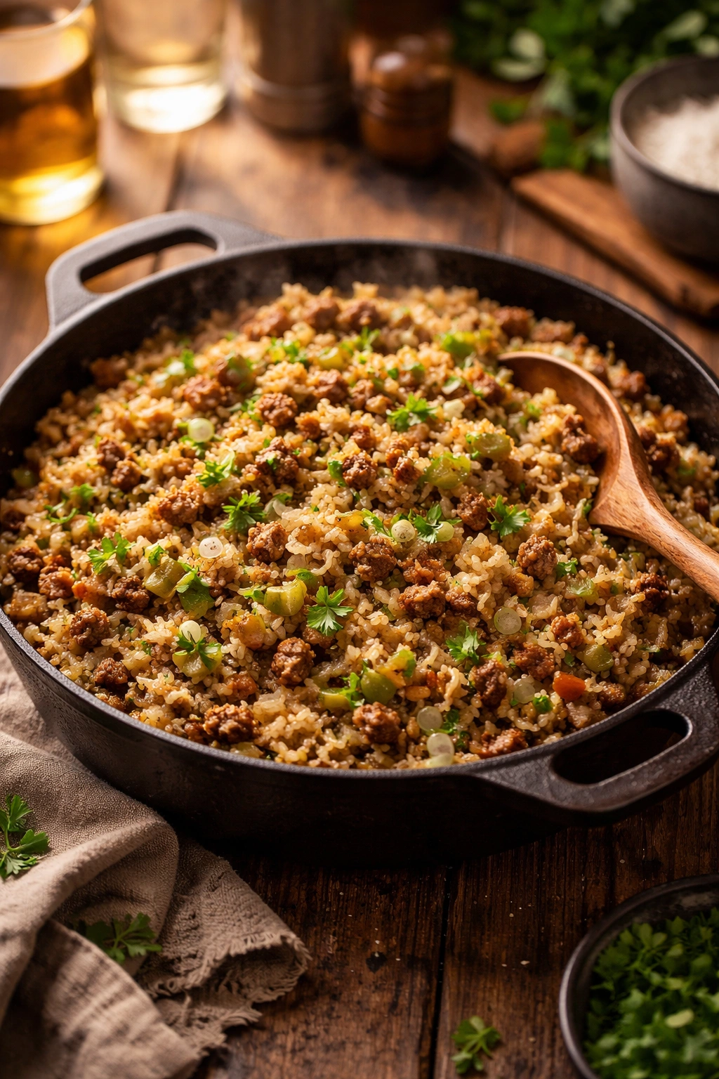 Warm pot of dirty rice with beef steaming on a wooden table, ready to serve.