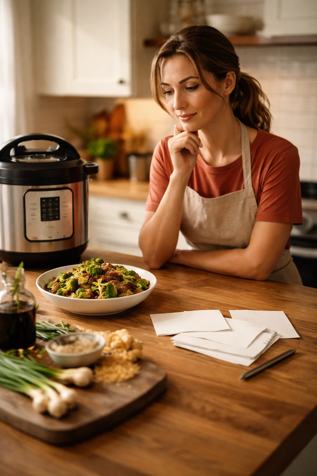 Chef by a counter with blank recipe cards, suggesting questions about Instant Pot beef and broccoli