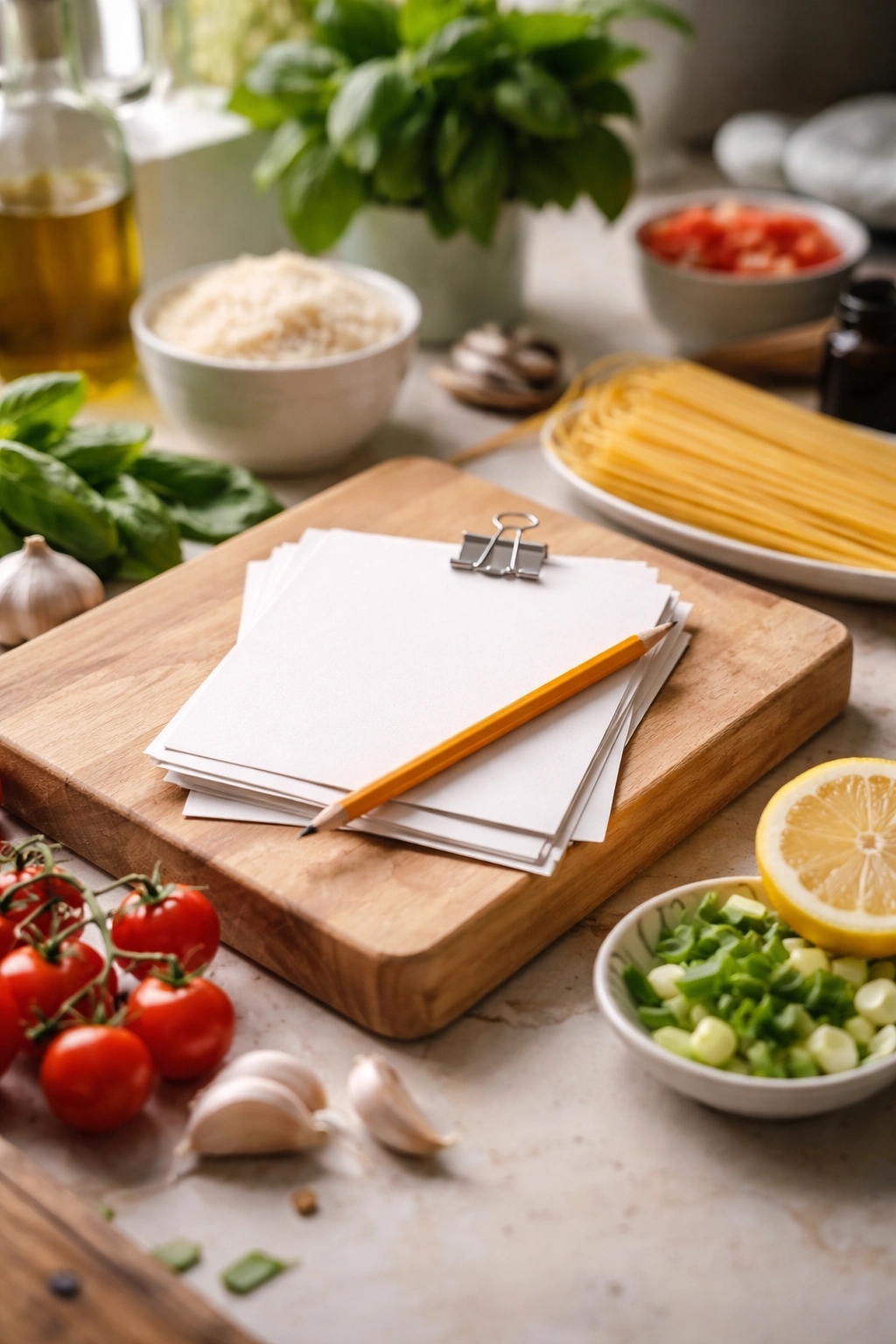 Blank recipe cards and pencil on counter representing FAQs