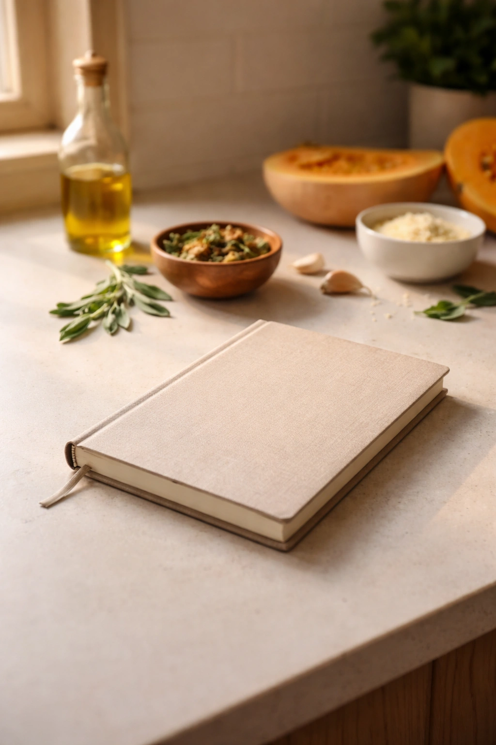 Closed notebook on a counter representing final thought.