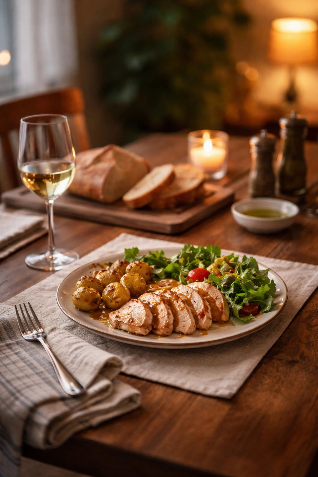 Cozy dining scene with plated dinner and warm light
