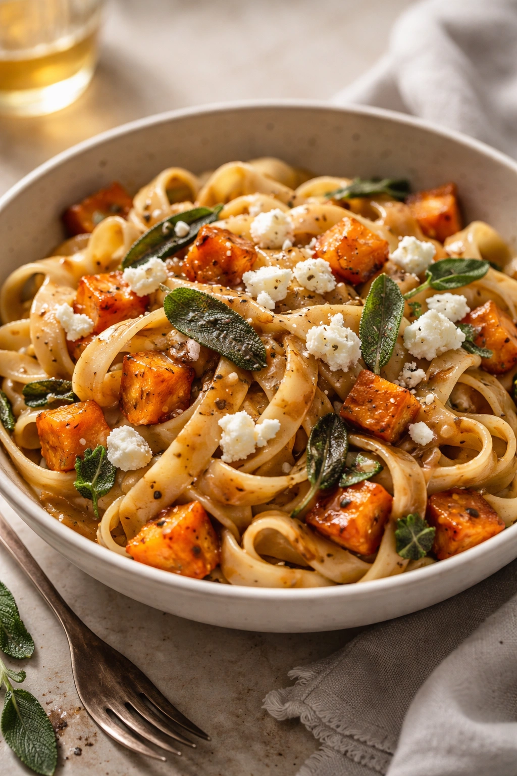 Pasta with goat cheese crumbles atop squash sauce