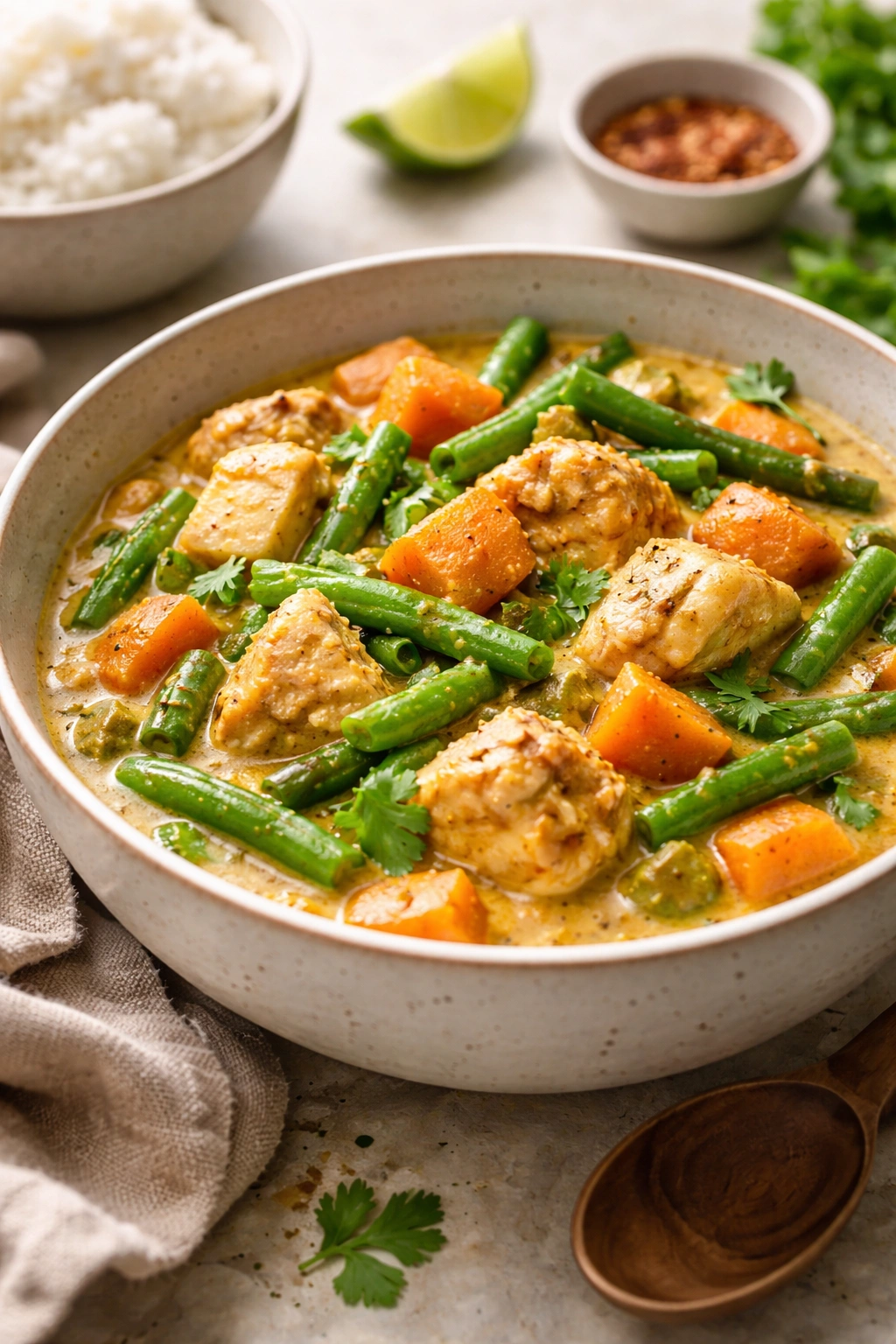 Curry with green beans in bowl