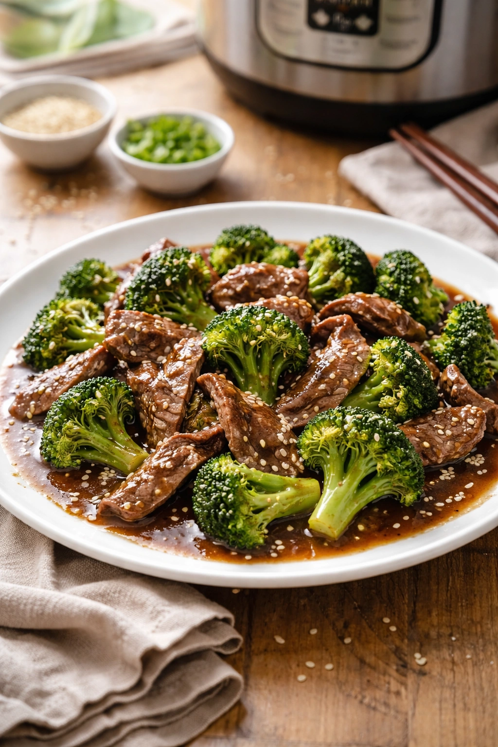 Beef and broccoli in glossy sauce on a plate