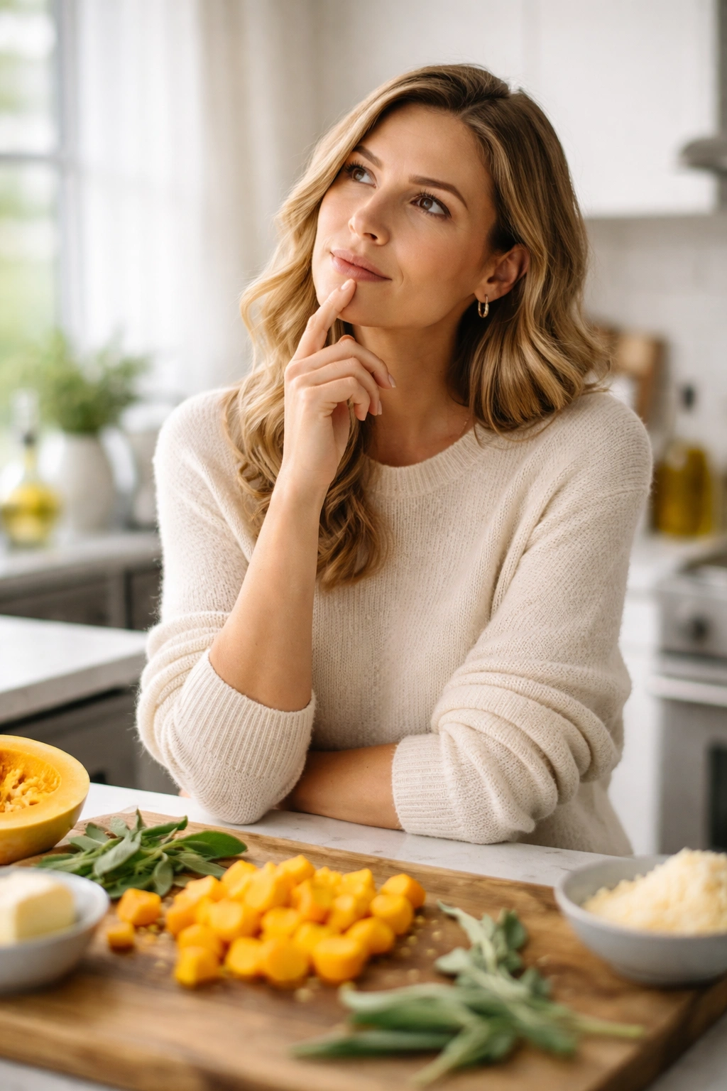 Thoughtful person in a bright kitchen representing questions about the recipe.