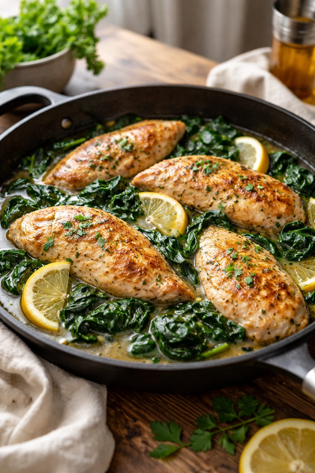 Skillet with lemon chicken and wilted spinach