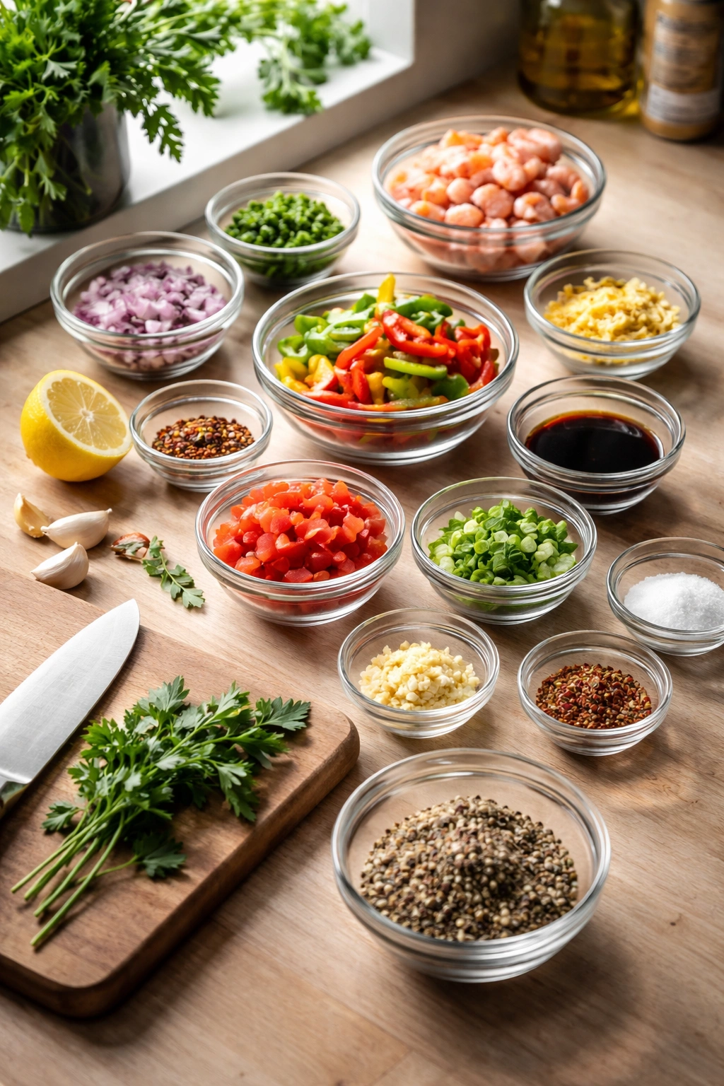Mise en place setup with prepped ingredients on kitchen counter