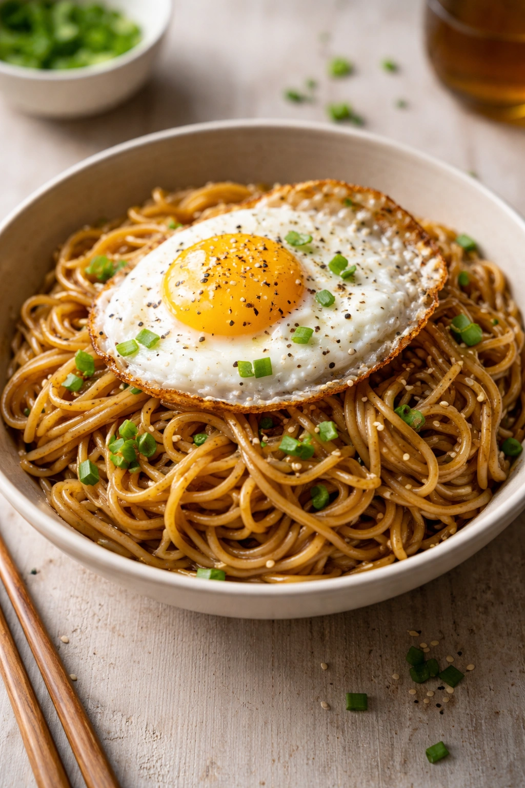 Noodles with soy butter and fried egg