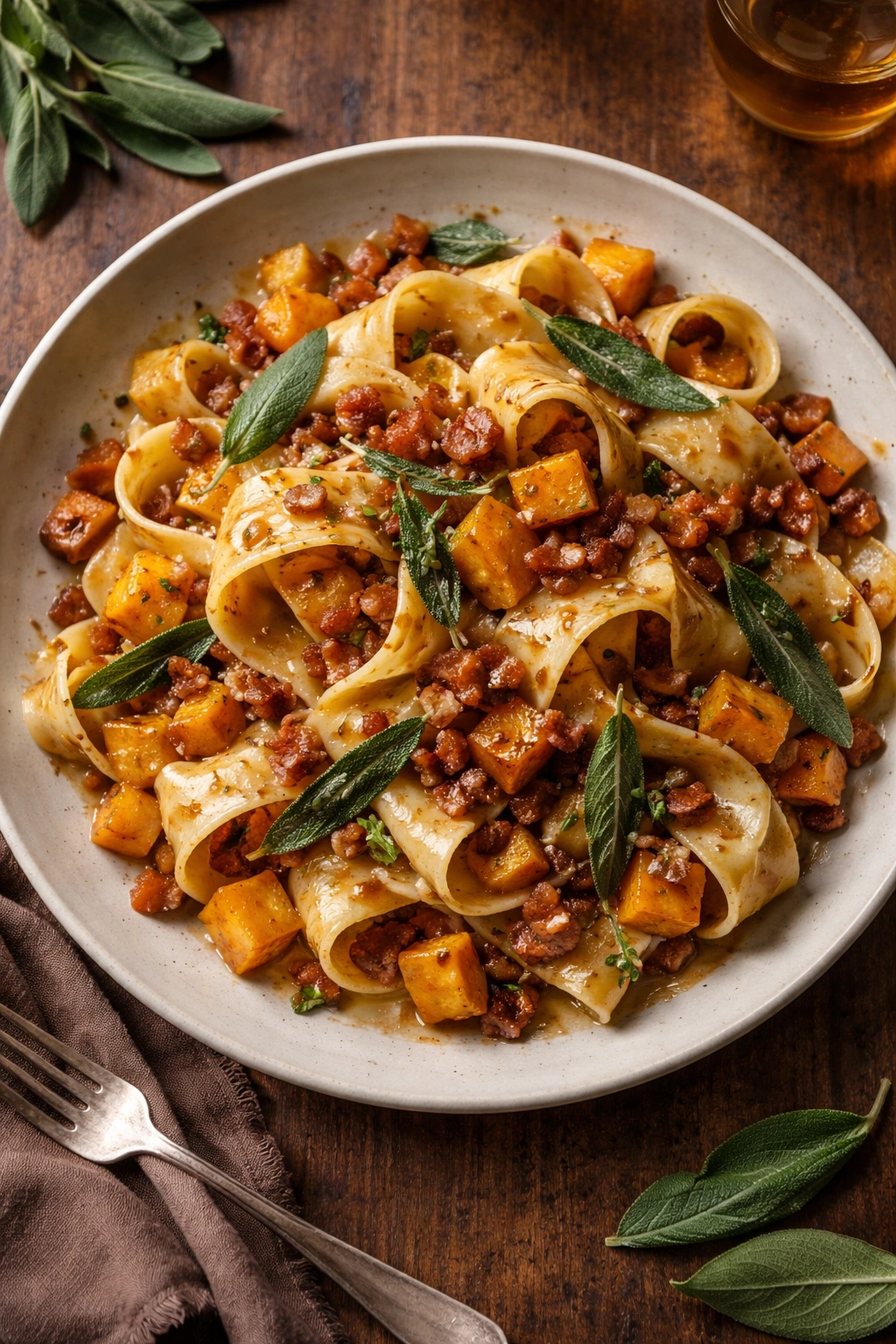 Pasta with crispy pancetta and sage on squash sauce