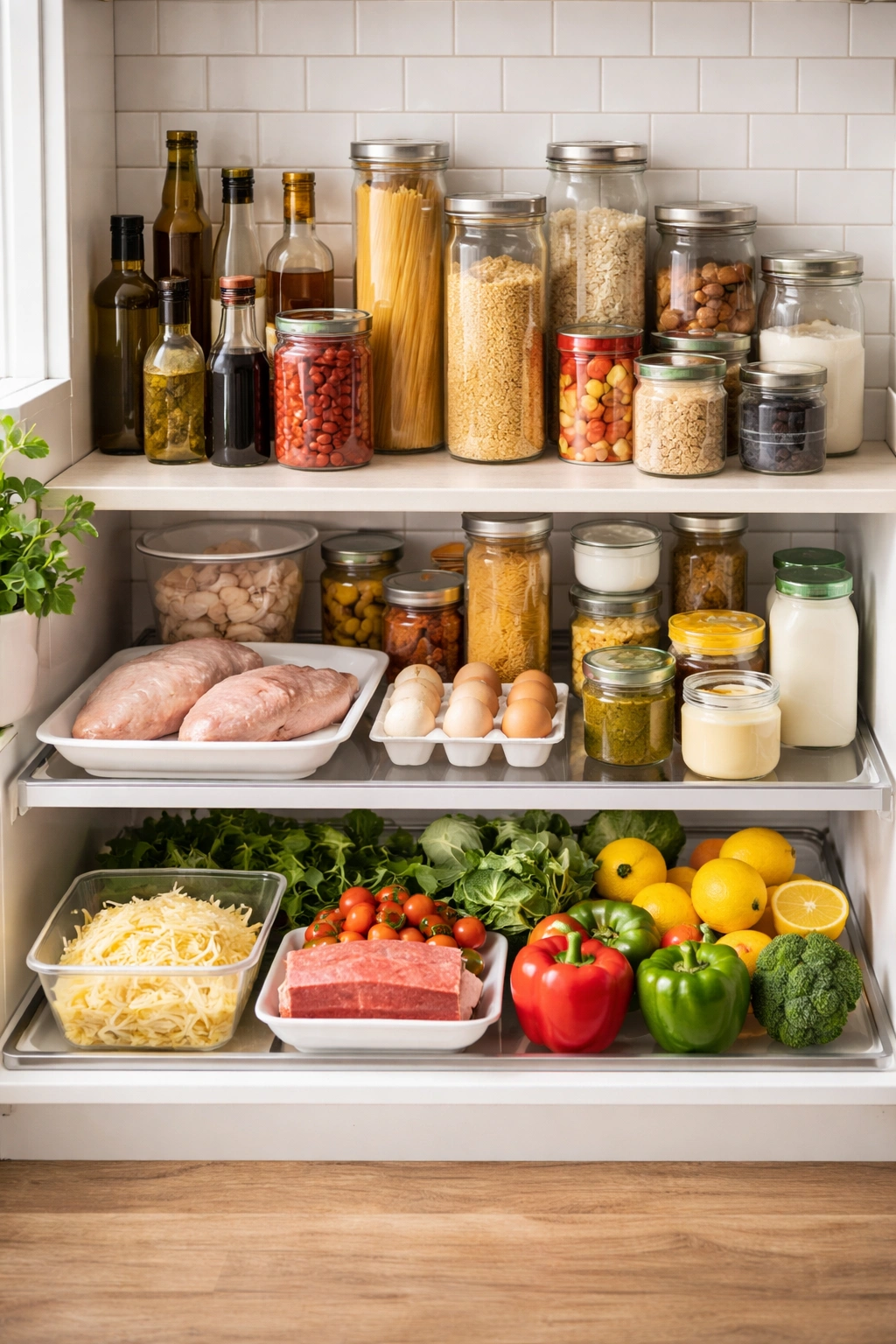 Pantry staples arranged with unlabeled containers for fast dinners