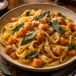Close-up of glossy brown butter sage butternut squash pasta on a rustic plate