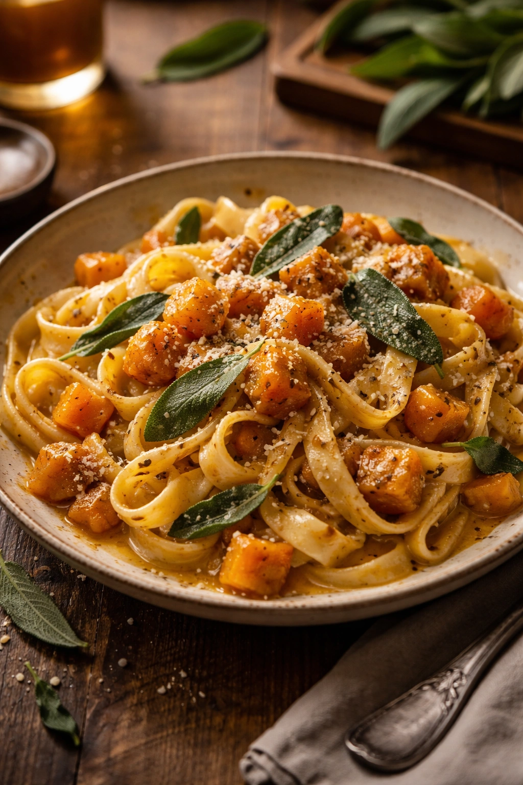 Close-up of glossy brown butter sage butternut squash pasta on a rustic plate