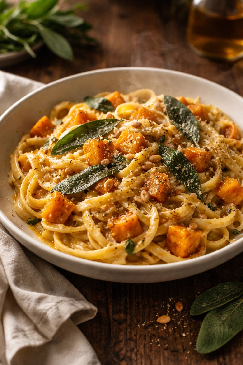 Plated brown butter sage butternut squash pasta with sage leaves
