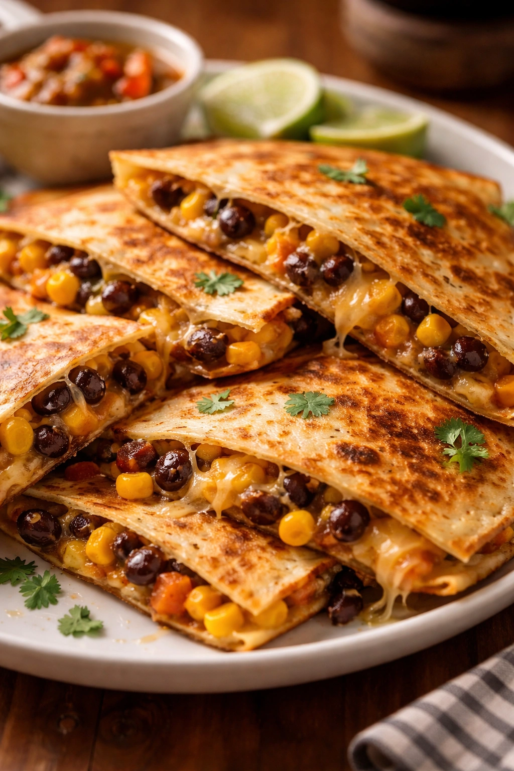 Quesadillas with black beans and corn on plate