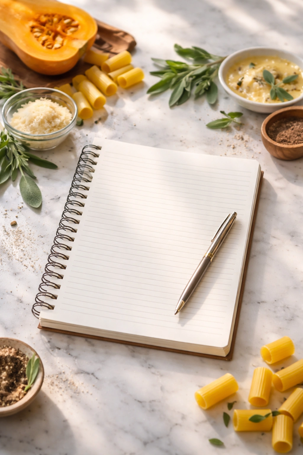 Open blank notebook on a kitchen counter to represent helpful information.