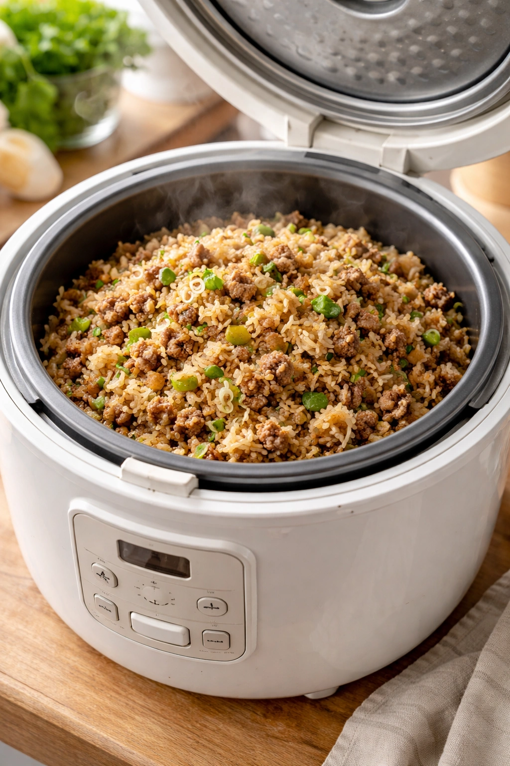 Rice cooker open with dirty rice and ground beef inside