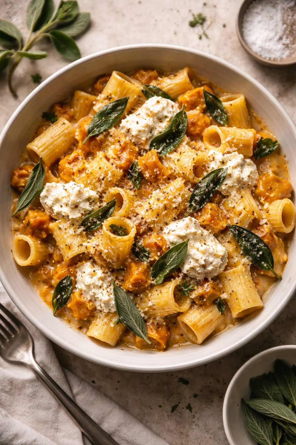 Pasta with ricotta folded into squash sauce