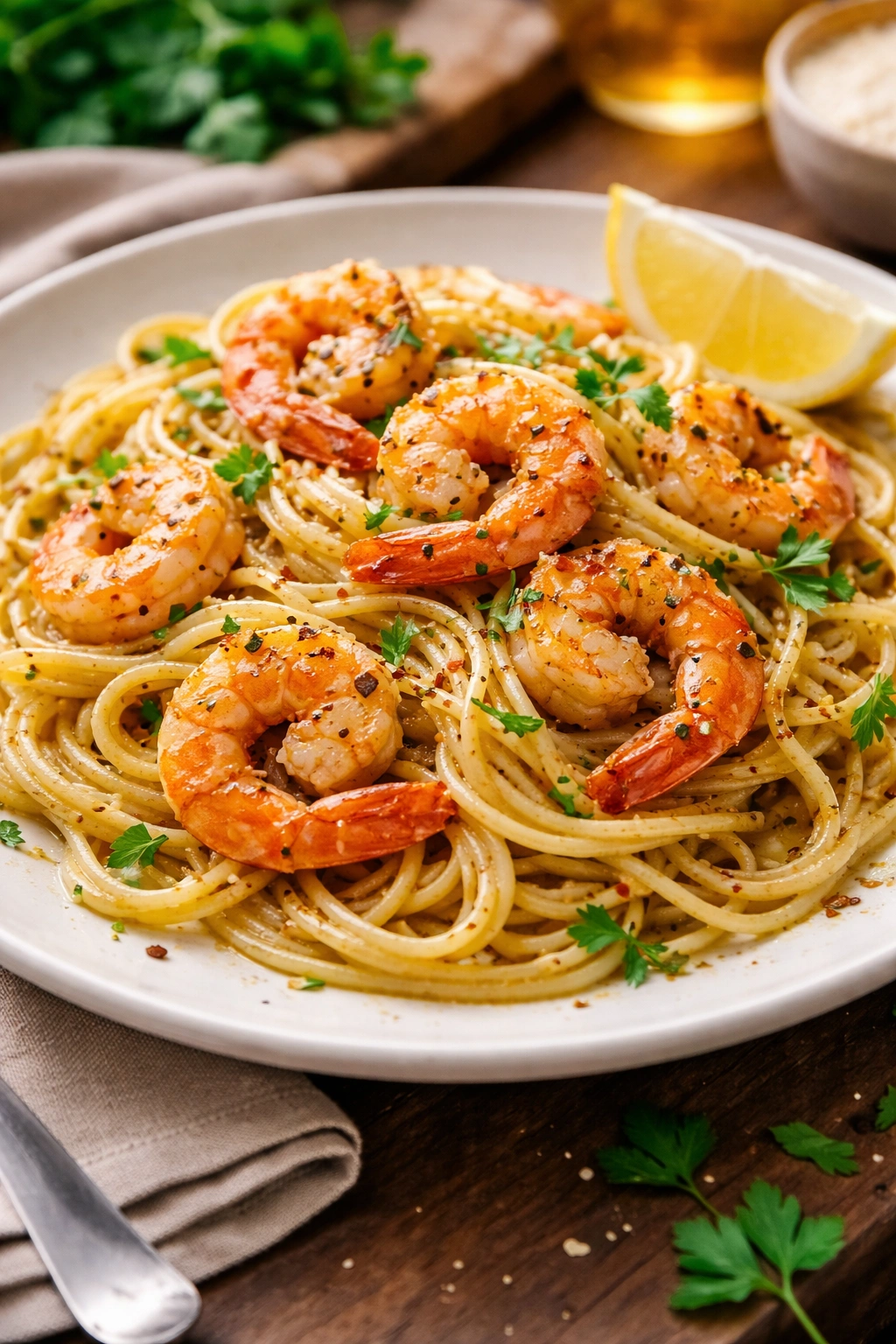 Close-up of garlic butter shrimp pasta on a white plate