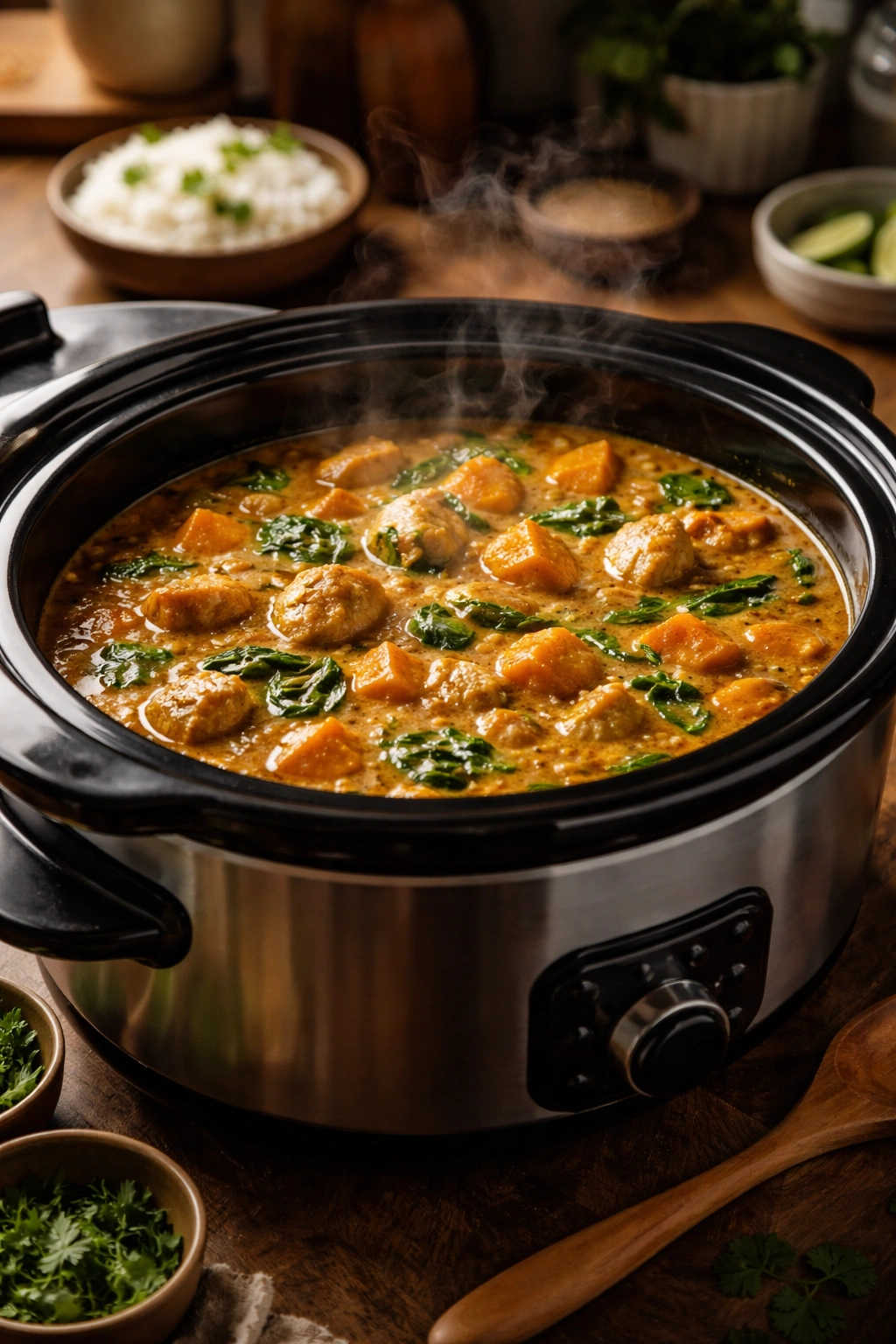 Slow cooker curry in glossy pot with steam, highlighting tenderness and spices