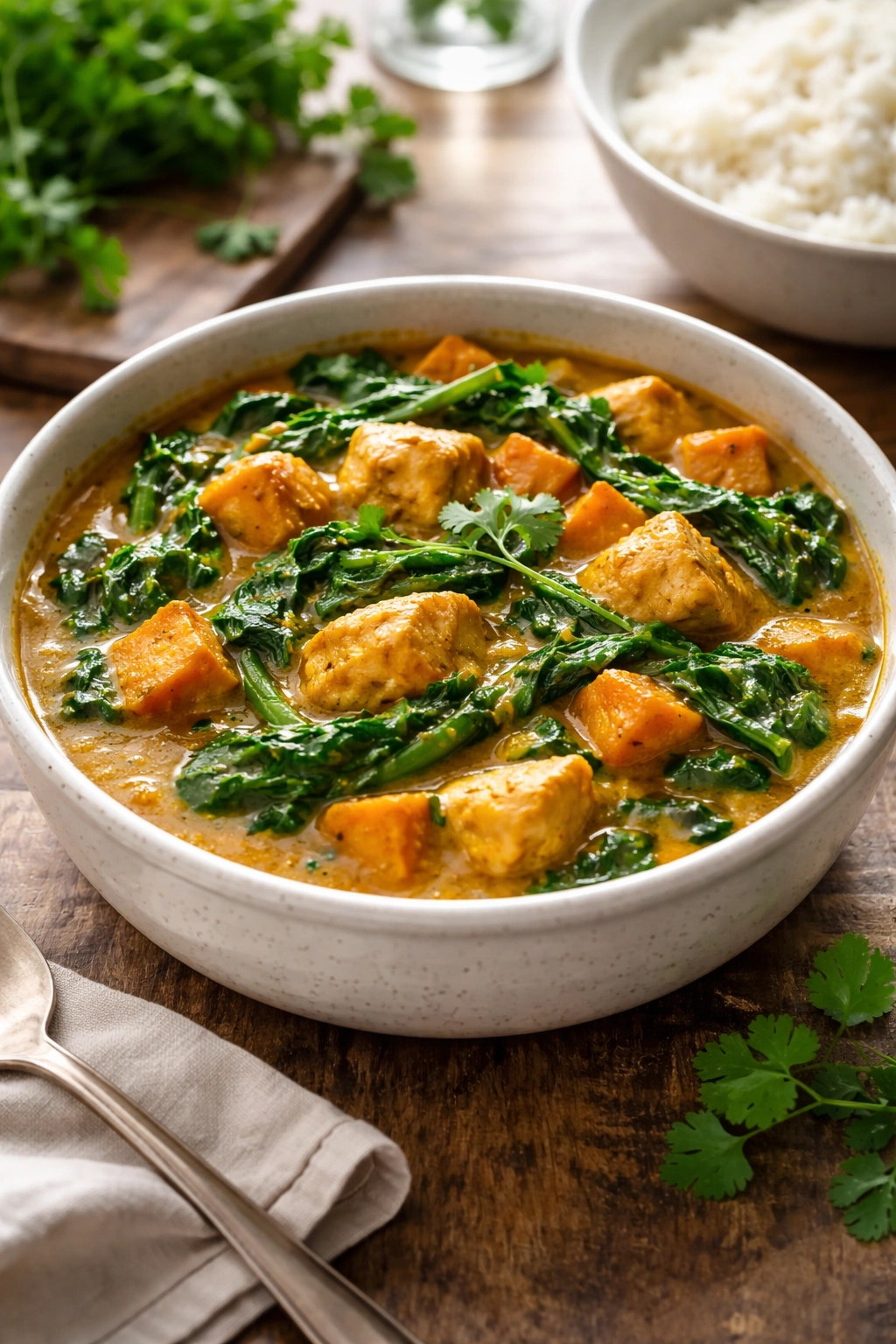 Curry with spinach in bowl, wilted greens visible