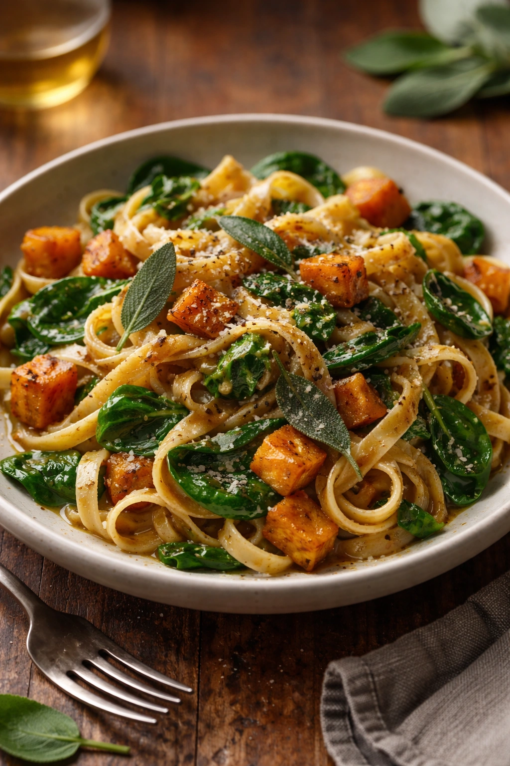 Pasta with wilted spinach folded into squash sauce
